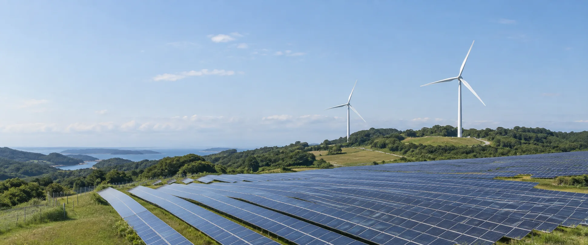 手前に広がる太陽光パネルと、奥の丘陵に設置された風力発電設備